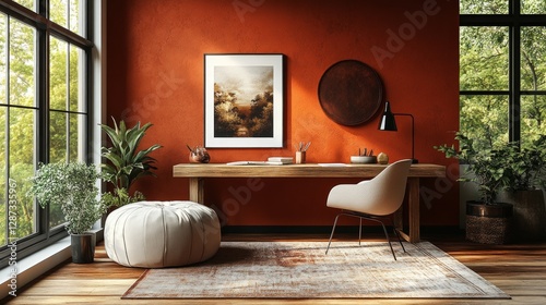 A modern study in rust tones, featuring a warm rust-colored accent wall, a wooden desk, beige chair, soft ambient light, and minimalist decor for a cozy workspace 