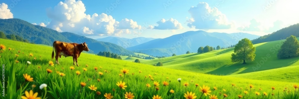 Rolling hills of green pasture with cows grazing under a sunny sky, mountains, wildflowers Rolling hills of green pasture with cows grazing under a sunny sky, mountains, wildflowers