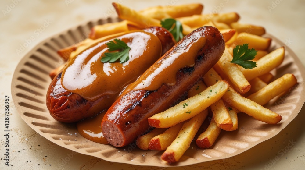 A simple yet delicious Currywurst, sliced sausage covered in spicy curry ketchup, served with crispy fries. A simple yet delicious Currywurst, sliced sausage covered in spicy curry ketchup, served with crispy fries.