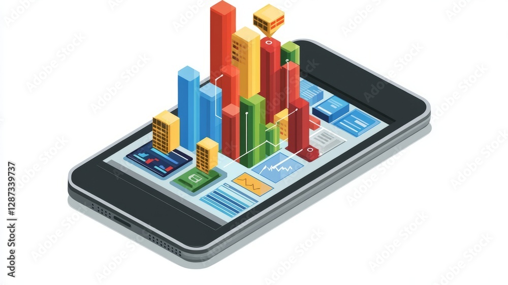 Novative business analytics and software development concept featuring an isometric smartphone with data visualization, graphs, and coding interface representing trend analysis, cross-platform testing