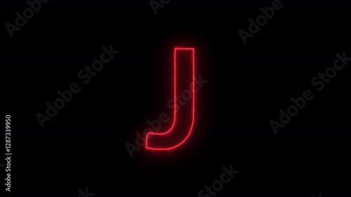Animated neon letter J, trendy glowing loop neon alphabet letter J, Bright neon glowing light red letter J, Seamless looping animation on black background.