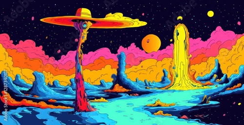 Vibrant Alien Landscape: Psychedelic Space Exploration