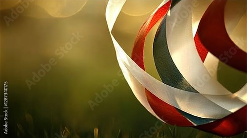 Festive ribbon swirls outdoors, sunset bokeh background, holiday design