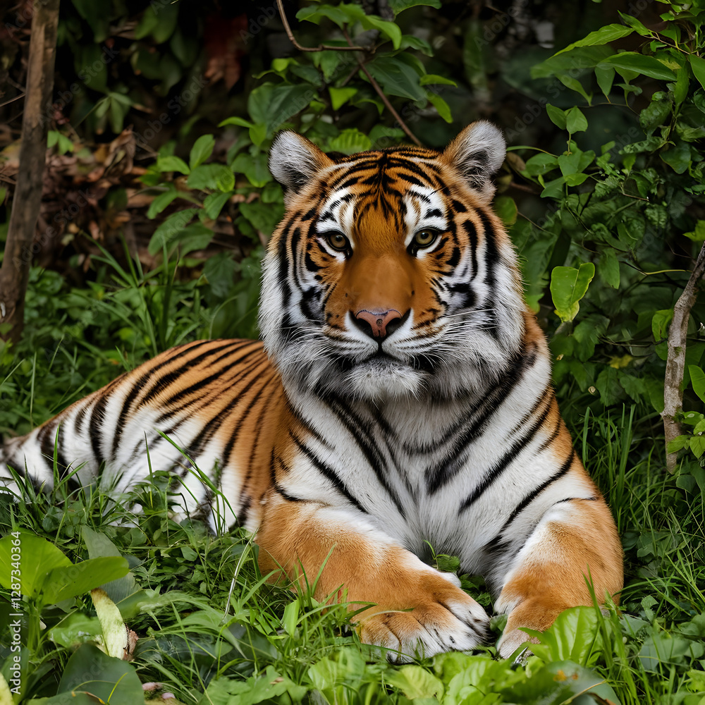 illustration portrait of a tiger with green foliage illustration portrait of a tiger with green foliage