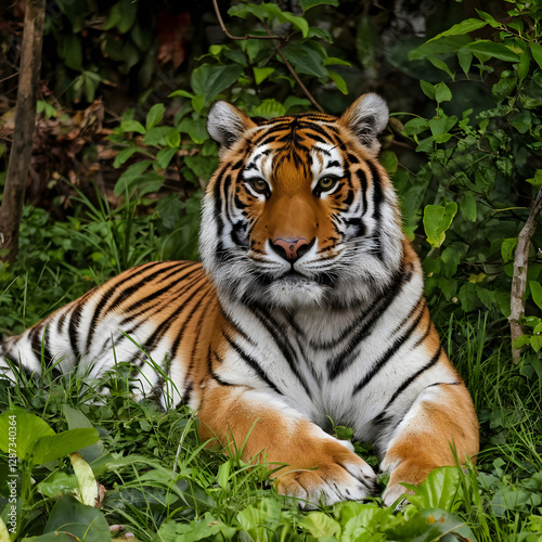 illustration portrait of a tiger with green foliage