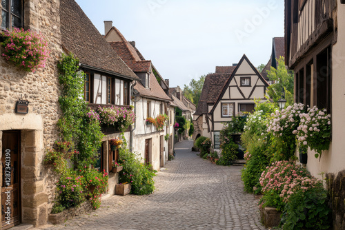 Fototapeta Naklejka Na Ścianę i Meble -  A narrow street lined with houses and trees