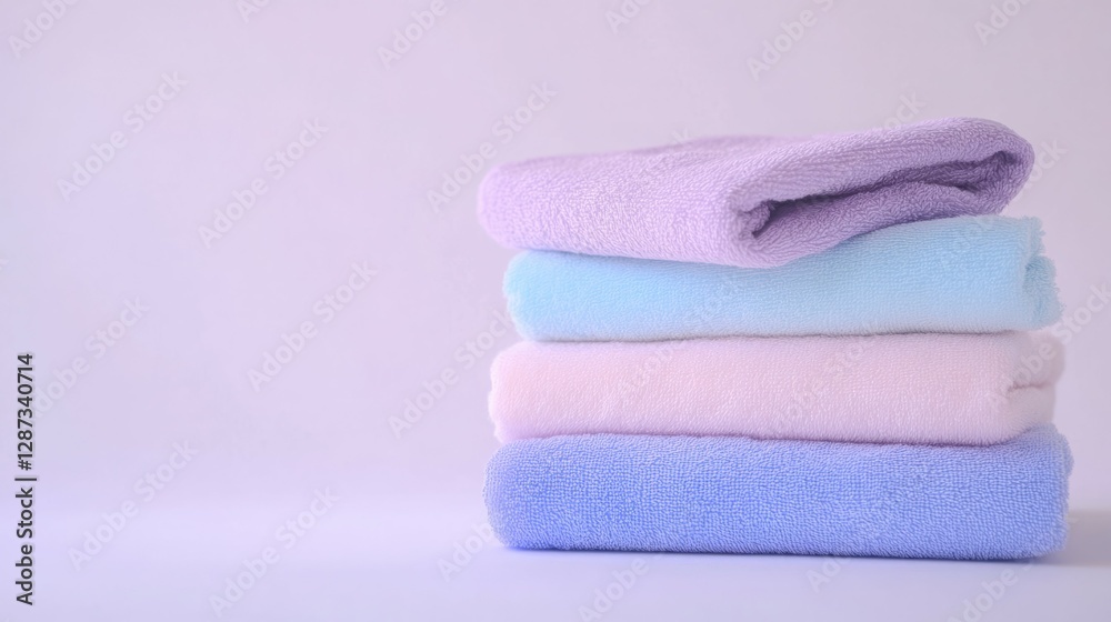 Soft pastel towels stacked neatly. A calming, clean aesthetic. Soft pastel towels stacked neatly. A calming, clean aesthetic.