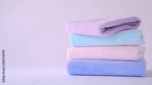 Soft pastel towels stacked neatly.  A calming, clean aesthetic.