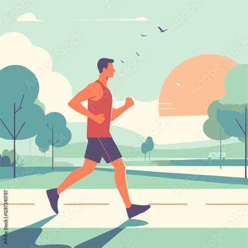 Men run in the park with sports clothes, bright morning morning atmosphere, modern flat style.