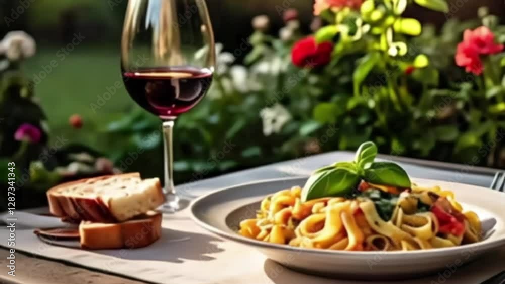 A plate of pasta on the table with a garden background. Generative AI. A plate of pasta on the table with a garden background. Generative AI.