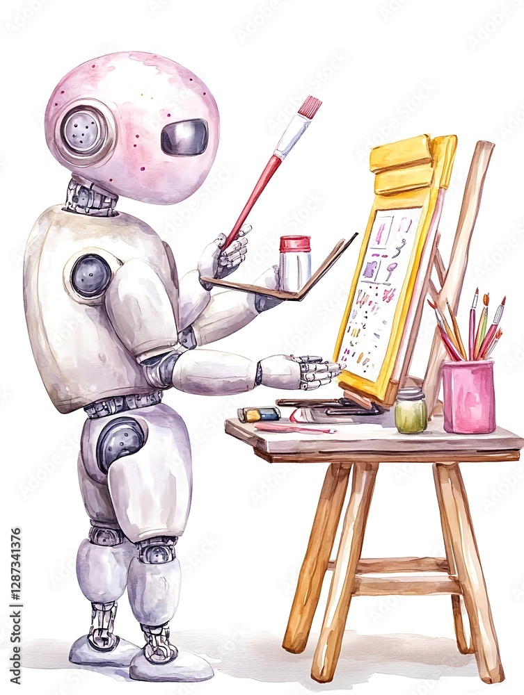 Naklejka premium Robot Artist Painting Watercolor Artwork - AI Art