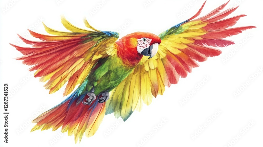 Obraz premium Vibrant macaw in flight, a burst of color against a white background.