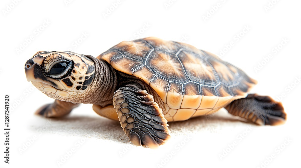 Obraz premium A baby sea turtle walking on a surface with a white background