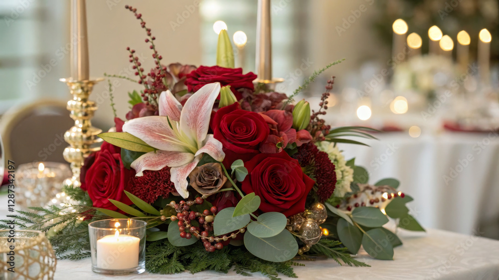 Obraz premium Elegant floral arrangement with red roses and lilies for festive table