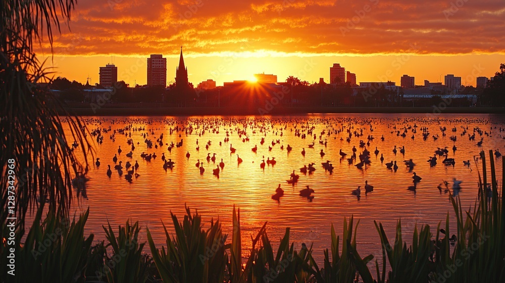 Obraz premium Sunrise city lake birdscape, fiery sunset