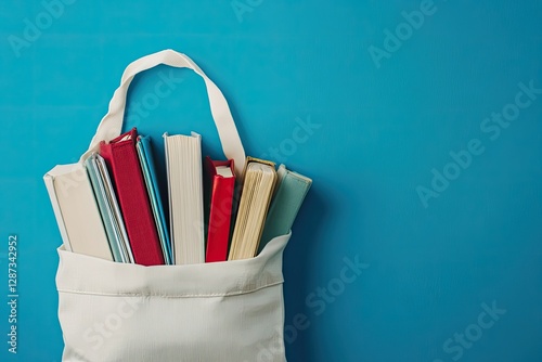 High Resolution Image of Books Inside a School Bag on Blue Background