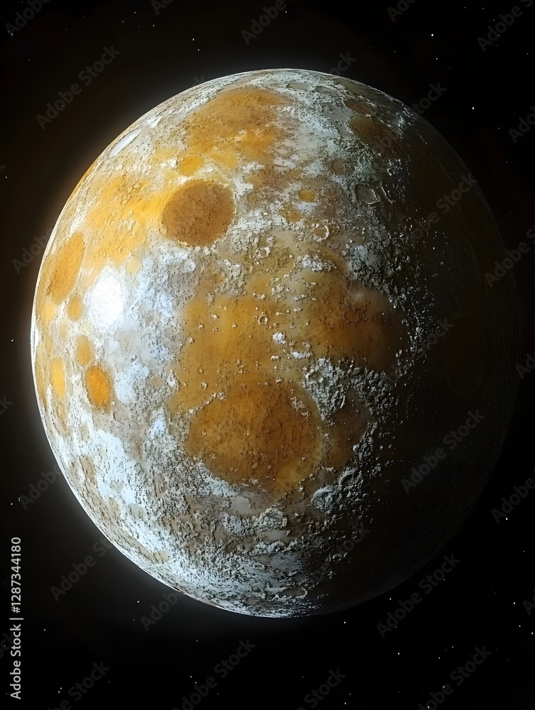Naklejka premium Distant celestial body with craters and textured surface in the vast expanse of space