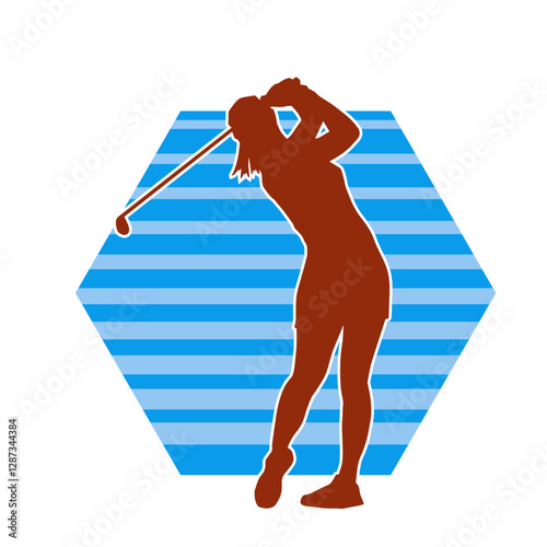Silhouette of a woman playing golf. Silhouette of a female golfer in action pose.