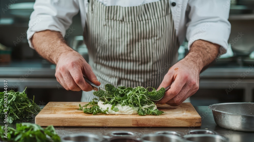 A chef skillfully chops fresh greens on a wooden cutting board in a professional kitchen, emphasizing culinary expertise and ingredient preparation. A chef skillfully chops fresh greens on a wooden cutting board in a professional kitchen, emphasizing culinary expertise and ingredient preparation.