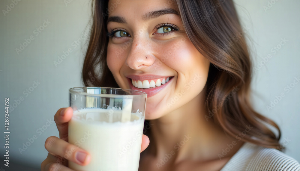 Young woman drinking kefir or yogurt. Kefir and yogurt health benefits concept Young woman drinking kefir or yogurt. Kefir and yogurt health benefits concept