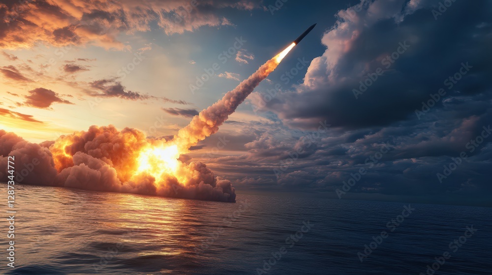 Fototapeta premium Powerful Rocket Launch from the Ocean Surface at Sunset Dramatic Scene