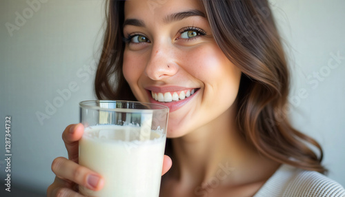 Young woman drinking kefir or yogurt. Kefir and yogurt health benefits concept photo