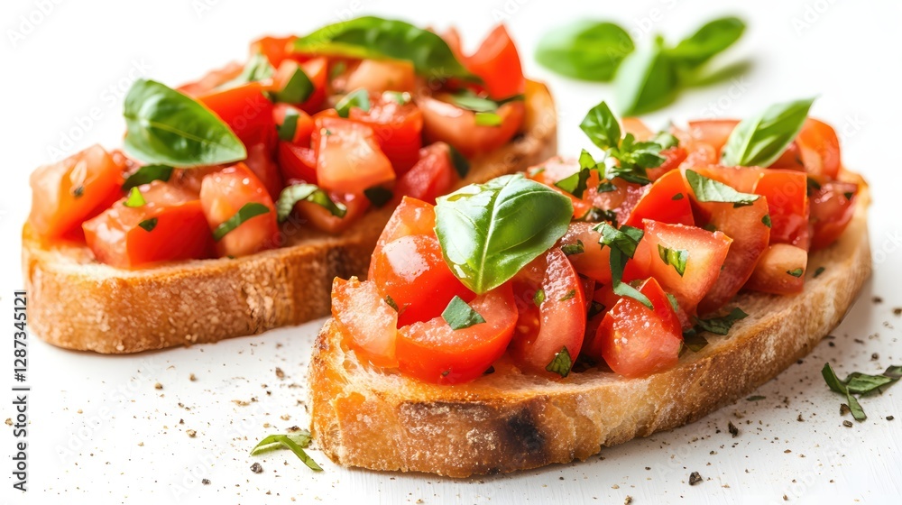 Delicious bruschetta with fresh tomatoes and basil on a bright white background close up view Delicious bruschetta with fresh tomatoes and basil on a bright white background close up view