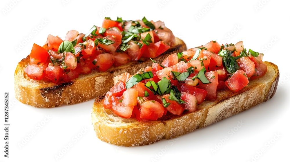 Appetizing Bruschetta Topped with Fresh Tomatoes and Basil on Toasted Bread Italian Cuisine Appetizing Bruschetta Topped with Fresh Tomatoes and Basil on Toasted Bread Italian Cuisine