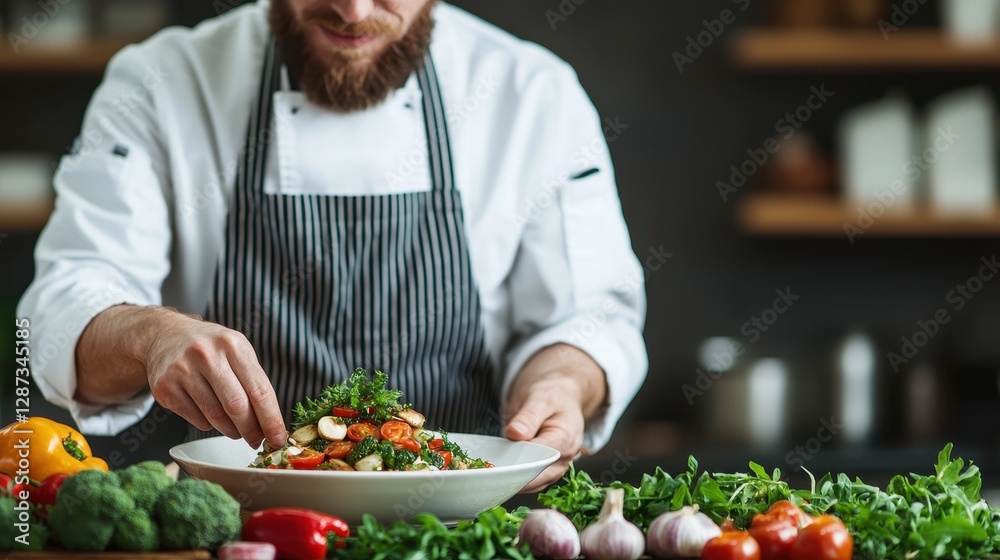 A chef garnishes a vibrant salad with fresh vegetables, showcasing culinary skills in a modern kitchen setting. A chef garnishes a vibrant salad with fresh vegetables, showcasing culinary skills in a modern kitchen setting.