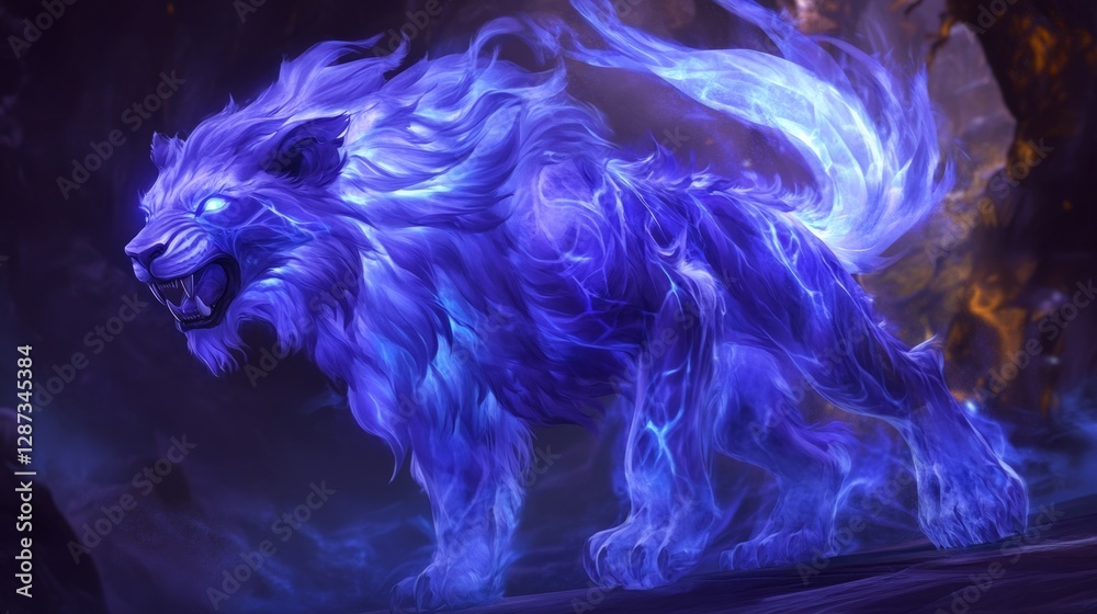 Obraz premium Mystic Lion In Blue Glow. Fantasy Creature With Intense Gaze. Digital Art Illustration.