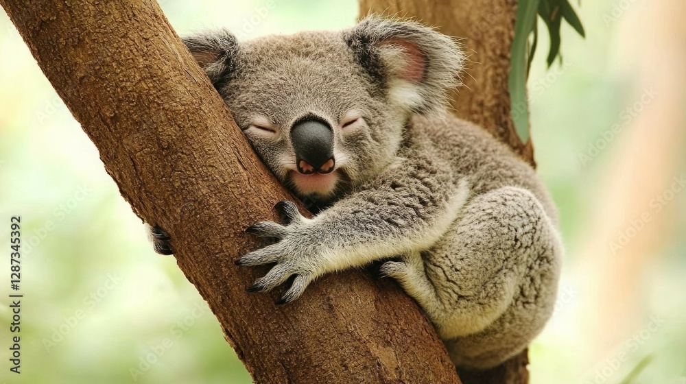 Naklejka premium Adorable koala bear sleeping soundly in a eucalyptus tree.