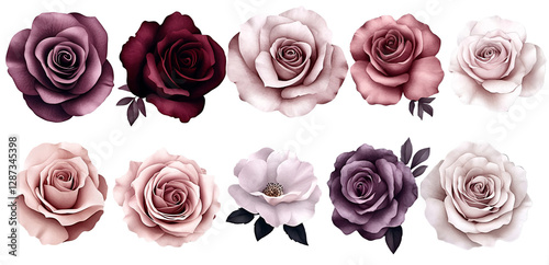 Fototapeta Naklejka Na Ścianę i Meble -  A stunning collection of ten roses in various shades of pink, purple, and burgundy.