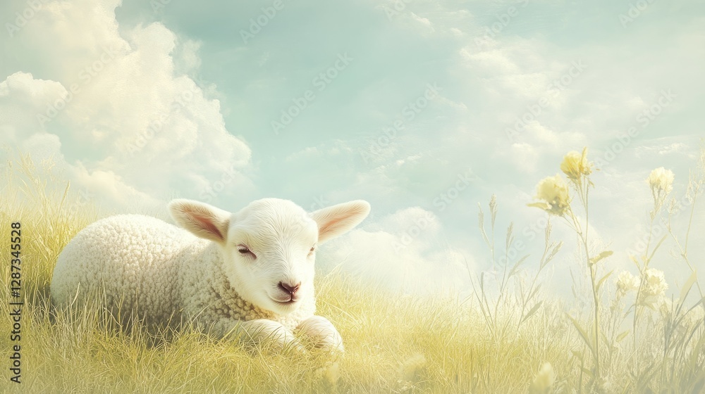 Obraz premium Sweet lamb resting in a field of tall grass under a bright sky.