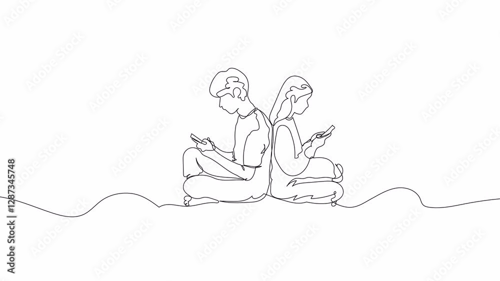 Hand-Drawn One-Line Animation of a Man and Woman Using Mobile Phones, Minimalist Line Art, Continuous Outline Drawing, Concept of Smartphone Attraction and Digital Engagement. Hand-Drawn One-Line Animation of a Man and Woman Using Mobile Phones, Minimalist Line Art, Continuous Outline Drawing, Concept of Smartphone Attraction and Digital Engagement.