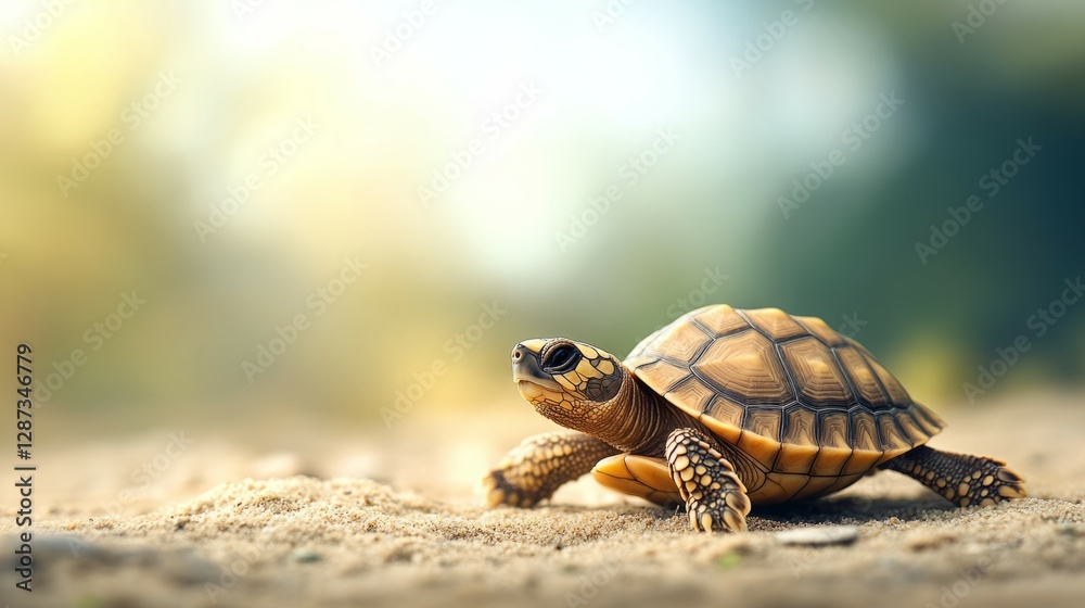 Baby tortoise crawls on the sand in the sunlight. Baby tortoise crawls on the sand in the sunlight.