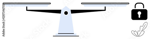 Scales balanced, lock indicating security, feather symbolizing lightness, weightlessness. Ideal for fairness, justice, stability, security, balance decision-making equality conceptual metaphor
