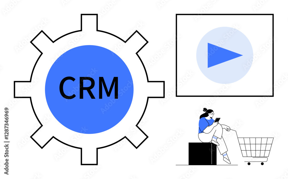 CRM gear, large play button, person sitting with mobile device near shopping cart. Ideal for customer management, digital marketing, online sales, user engagement, business strategy, tech solutions CRM gear, large play button, person sitting with mobile device near shopping cart. Ideal for customer management, digital marketing, online sales, user engagement, business strategy, tech solutions