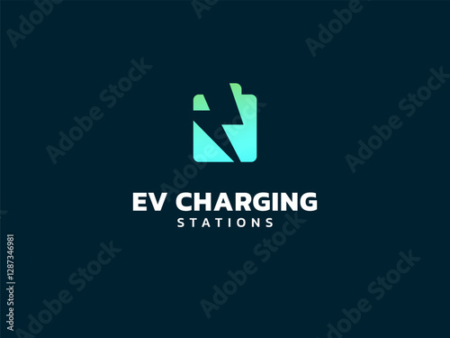 Electric vehicle charging with lightning bolt overlapping in Battery Shape Symbol logo vector design concept. EV charging logotype symbol for Electric Car, EV station, ui, infographic, clean energy.