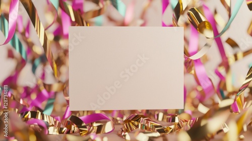 Blank Card Surrounded by Colorful Festive Decorative Ribbons