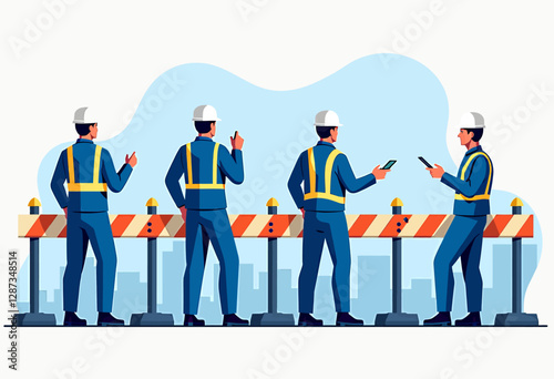 Promoting safety in the workplace: A flat vector illustration with blue tones, depicting workers following health and safety protocols using PPE and safety equipment on a pure white background.

