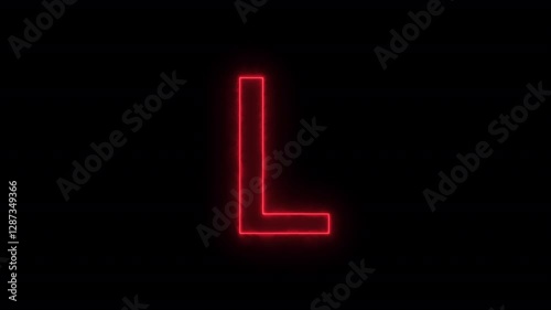 Animated neon letter L, trendy glowing loop neon alphabet letter L, Bright neon glowing light red letter L, Seamless looping animation on black background.