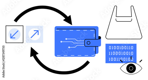 Wallet, binary code, eye, shopping bag, and two arrows. Ideal for digital transactions, cybersecurity, e-commerce online payments data analysis financial technology consumer behavior. Abstract