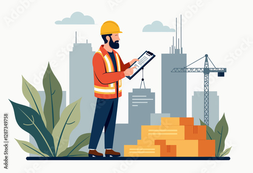 An optimistic portrayal of construction site safety: A flat illustration of a professional safety checker with a clipboard, set against a pure white canvas.

