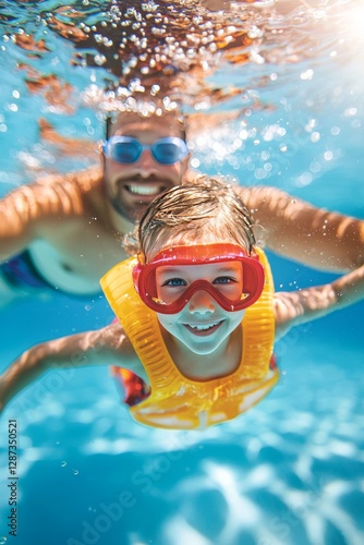 A father teaches his child how to swim safely in the pool. The child listens closely while floating with water wings