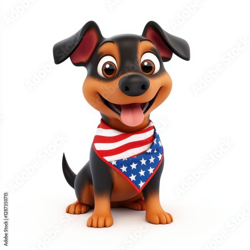 Playful Cartoon Dachshund Puppy with Patriotic Bandana on White Background