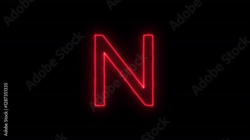 Animated neon letter N, trendy glowing loop neon alphabet letter N, Bright neon glowing light red letter N, Seamless looping animation on black background.