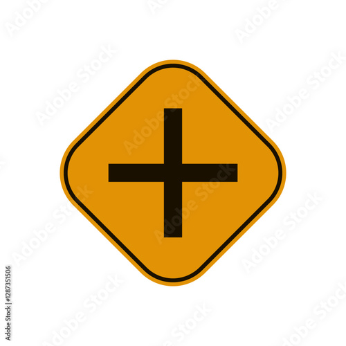 Free Download 4 Way Intersection Traffic Road Sign vector illustration, black symbol on yellow rhombus shape plate. Editable graphic resources for many purposes. - GFXLoad