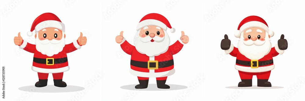 Three Cheerful Santa Claus Figures Giving Thumbs Up on White Background for Holiday Season Three Cheerful Santa Claus Figures Giving Thumbs Up on White Background for Holiday Season