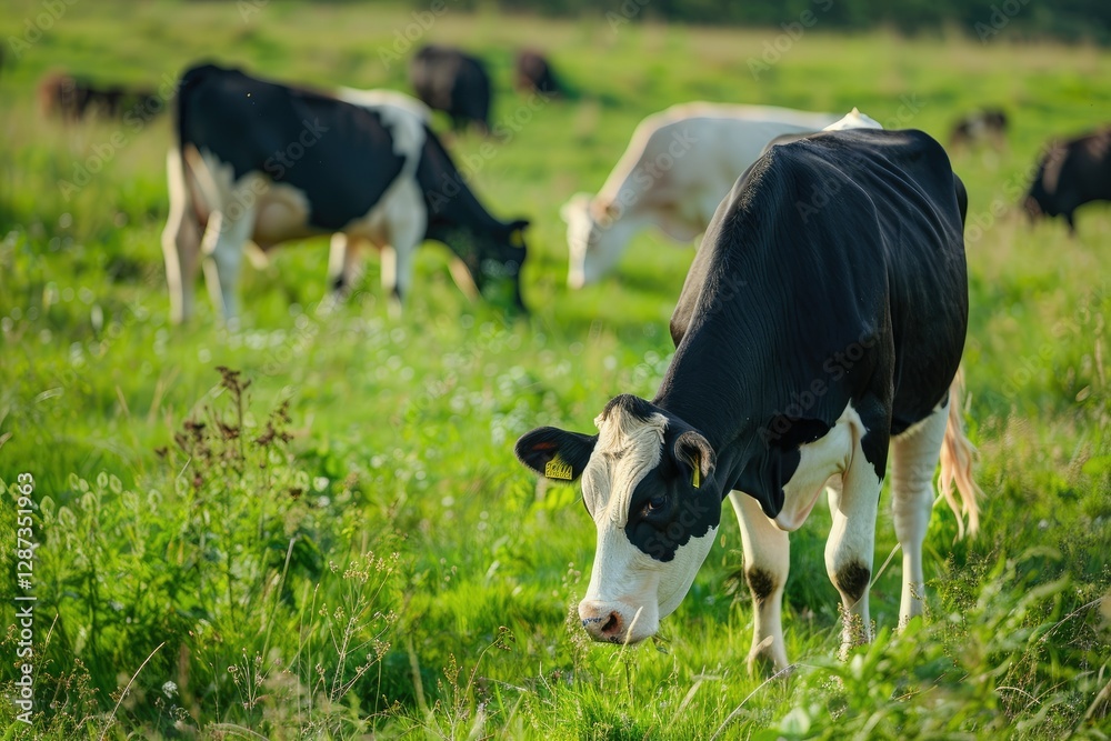 Detailed Color Image of Cows Grazing on Grassy Field Detailed Color Image of Cows Grazing on Grassy Field