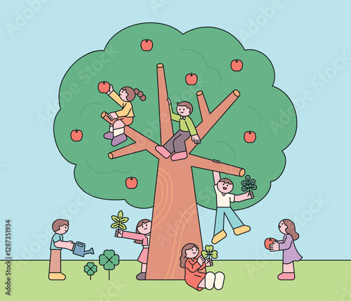 A charming illustration of children playing in and around an apple tree, picking fruit and enjoying nature. A whimsical and playful outdoor scene, perfect for children's books, seasonal designs